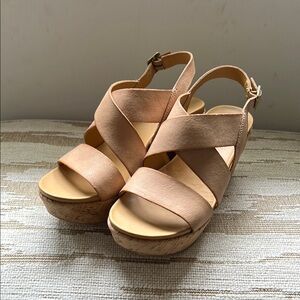Kork-Ease Sandals Leather Strappy Platform Wedge Comfort Mules Tan Size 7 EUC